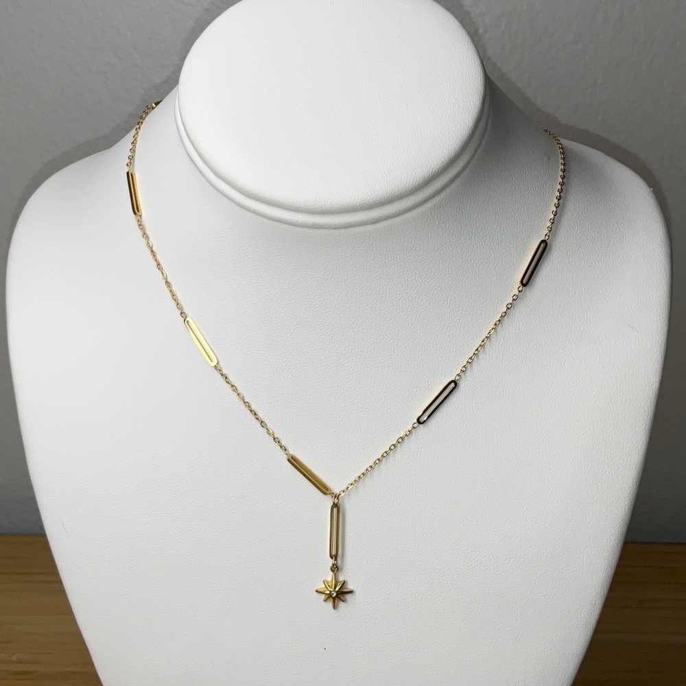 Long Chain Link Satellite Necklace With North Star Pendant - Gold Fill